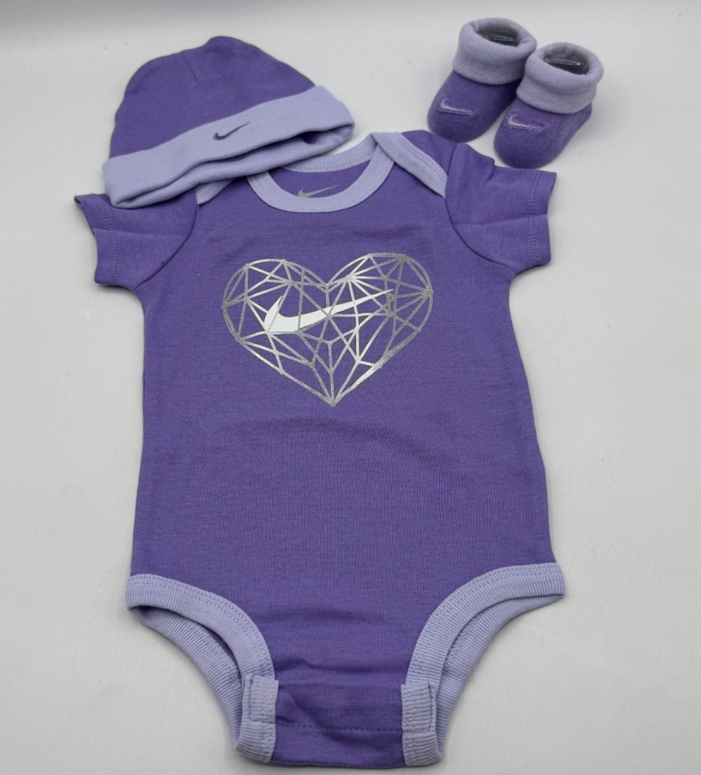 3pc Set Nike Unisex Infant Newborn Hat One Piece Bodysuit, Bootie Set Purple NEW